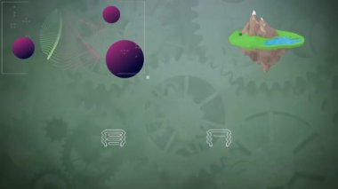 Ampullerin ve dişlilerin üzerindeki şekillerin animasyonu. Küresel teknoloji, bilgisayar ve dijital arayüz kavramı dijital olarak oluşturulmuş video.