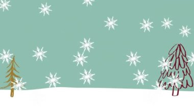 Kış mevsiminde ağaçların üzerine düşen kar tanelerinin animasyonu mavi arka planda fotokopi alanı ile birlikte. Noel şenliği ve kutlama konsepti