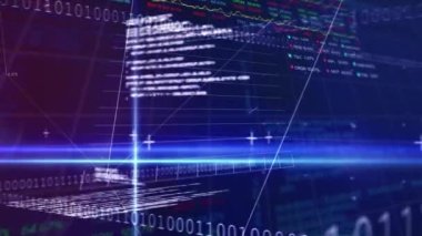 Grafiklerin, sayıların, ikili kodların, mercek fişeklerinin, programlama dilinin ve alım satım tahtasının animasyonu. Dijital olarak oluşturulmuş, hologram, rapor, finans, kodlama, makine öğrenme ve teknoloji kavramı.