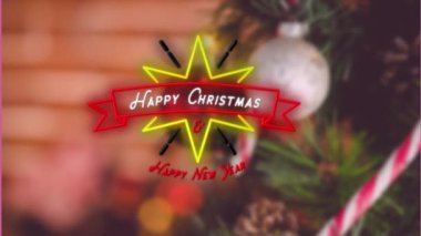 Yılbaşı kutlamalarının animasyonu. Mesajlar ve süslemeli noel ağacı. Noel, şenlik, kutlama ve gelenek konsepti dijital olarak oluşturuldu.