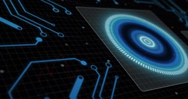 Bilgisayar devre kartının üzerindeki tarama alanının animasyonu. Küresel hesaplama, finans, iş ve veri işleme kavramı dijital olarak oluşturulmuş video.