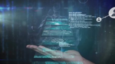 Siyah arkaplanda veri işleme üzerine simgelerle bağlantı ağının animasyonu. küresel bağlantılar, bilgisayar ve dijital arayüz konsepti dijital olarak oluşturulmuş video.