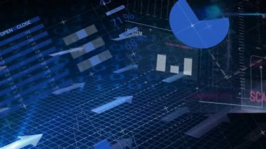 Şebeke üzerinde istatistik ve veri işleme animasyonu. Küresel iş, finans ve veri işleme kavramı dijital olarak oluşturulmuş video.