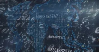 Dünya haritası üzerinde veri işleme animasyonu. Küresel hesaplama, finans, iş ve veri işleme kavramı dijital olarak oluşturulmuş video.