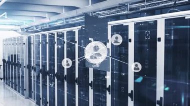 Animation of network of connections with icons and data processing over server room. Global connections, computing and digital interface concept digitally generated video.