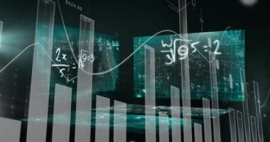 Matematiksel denklemler üzerinde çoklu grafiklerin ve artan sayıların animasyonu. Dijital olarak üretilen hologram, toplamlar, rapor, finans, ticaret, büyüme, kar, soyut ve teknoloji kavramı.
