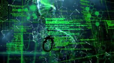 Veri işleme ve bağlantıları üzerinden bisikletçinin animasyonu. Küresel iş, finans, bilgisayar ve veri işleme kavramı dijital olarak oluşturulmuş video.