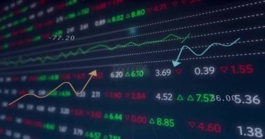 Yüzde işaretli, soyut desenli ve işlem masasının üzerinden ok geçiren 100 sayının animasyonu. Dijital olarak üretilmiş, hologram, borsa, rapor, finans, yatırım ve teknoloji kavramı.