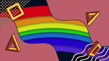 Gökkuşağı desenli arka planda hareket eden soyut şekillerin animasyonu. Soyut, renkli ve hareketli dijital video konsepti.