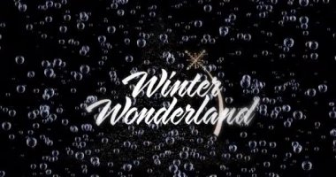 Kış harikalar diyarı metni üzerinde kabarcıkların canlandırması. Noel, kutlama ve dijital arayüz kavramı dijital olarak oluşturulmuş video.