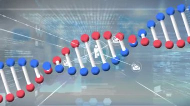 Bağlantı ağı üzerinden DNA ipliği ve veri işleme animasyonu. Küresel bilim, hesaplama, bağlantılar ve dijital olarak oluşturulmuş video işleme kavramı.