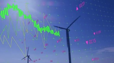 Rüzgar türbinleri üzerinde istatistik ve veri işleme animasyonu. Küresel çevre, sürdürülebilirlik, rüzgar enerjisi, iş ve veri işleme kavramı dijital olarak oluşturulmuş video.
