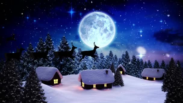 トナカイやクリスマスの冬の風景と一緒にそりでサンタクラスの上に降る雪のアニメーション クリスマス お祭り お祝い 伝統的なコンセプトデジタル生成ビデオ — ストック動画