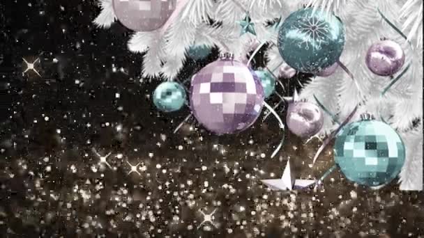 Animación Nieve Cayendo Sobre Árbol Navidad Con Decoraciones Navidad Festividad — Vídeos de Stock