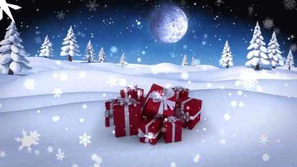 Animação Neve Caindo Sobre Presentes Natal Cenário Inverno Natal Festa — Vídeo de Stock