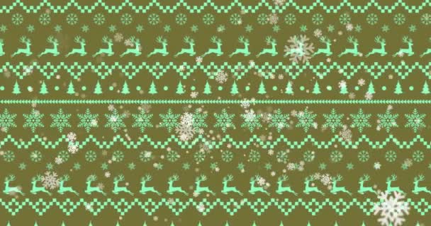 Animation Flocons Neige Sur Motif Noël Traditionnel Sur Fond Vert — Video
