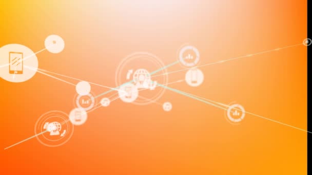 在橙色背景上与图标连接的网络动画 全球网络 计算和数据处理概念 — 图库视频影像