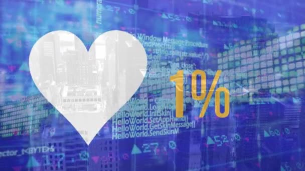 在黄色中动画的心脏和百分比超过了数据处理 以数字方式产生的数据处理和业务概念 — 图库视频影像
