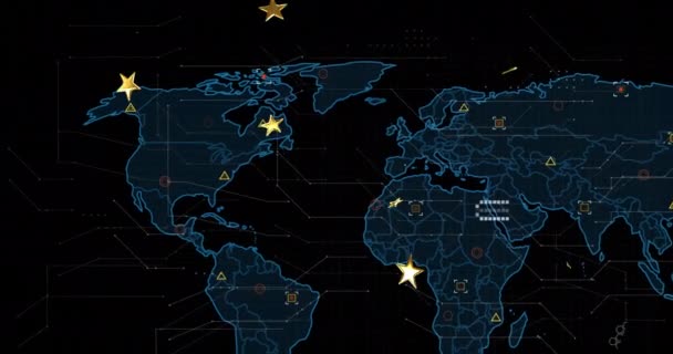 Animation Golden Star Icons Floating World Map Data Processing Black — Stock Video