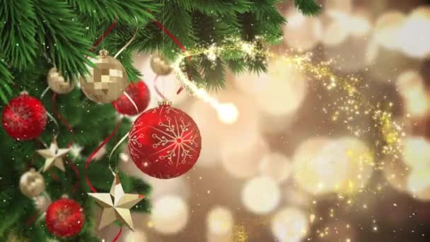 Animazione Stella Cadente Oro Sopra Ramo Albero Natale Decorato Contro — Video Stock