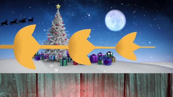 Animação Neve Caindo Sobre Papai Noel Trenó Árvore Natal Presentes — Vídeo de Stock