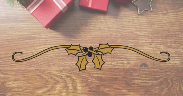 Animace Banneru Jmelí Kopírovacím Prostorem Nad Vánoční Výzdobou Dřevěném Povrchu — Stock video