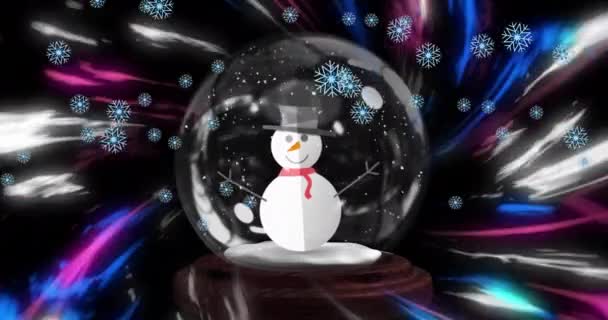 Анимация Снежных Хлопьев Падающих Снеговика Снежном Шаре Против Цифровых Волн — стоковое видео