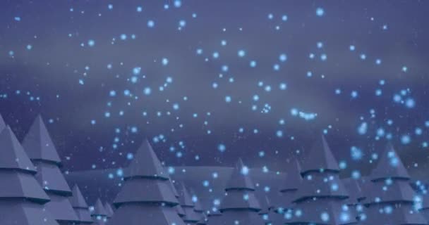 Animacja Niebieskich Plamek Śniegu Spadającego Wiele Drzew Zimowym Krajobrazie Przestrzenią — Wideo stockowe