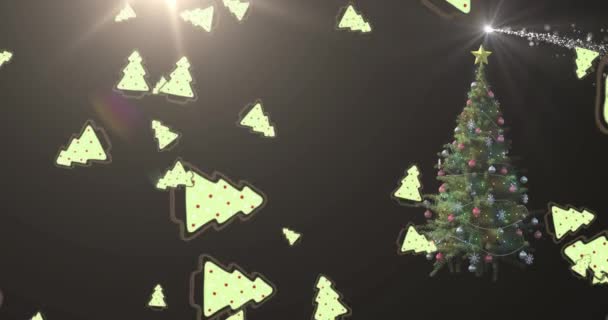 Animatie Van Kerstboom Pictogrammen Vallen Tegen Lichte Plek Versierd Kerstboom — Stockvideo