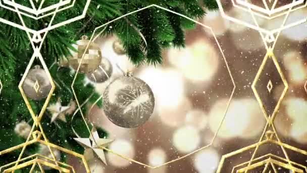 Animazione Modello Forma Decorativa Dorata Sopra Ramo Albero Natale Macchie — Video Stock