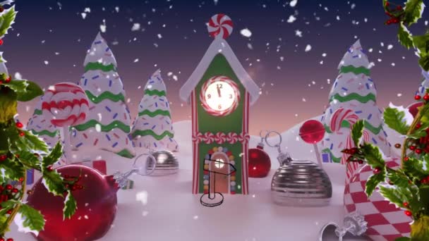 Animatie Van Sneeuw Vallen Richting Borden Kerstversieringen Het Winterlandschap Kerstfeest — Stockvideo