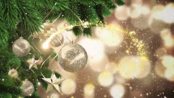 Animation Golden Shooting Star Decorated Christmas Tree Branch Spots Light — Stock Video