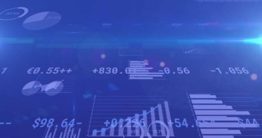 Borsa finansal veri işleme görüntüsü ve mavi arka plan istatistikleri. küresel finans teknolojisi dijital arayüz konsepti dijital olarak oluşturulmuş görüntü.