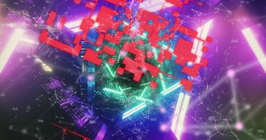 Arka planda parlayan üçgen tünelin üzerinde titreşen QR kodlu dijital arayüz görüntüsü. Dijital olarak oluşturulan küresel dijital konsept.