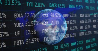 Dünya gezegenindeki borsa finansal veri işleme görüntüsü. Küresel işletmeler ağ oluşturma kavramını dijital olarak oluşturdu.