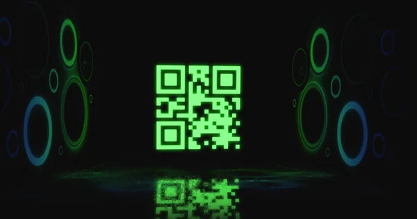 Obrázek Blikajícího Zeleného Kódu Zelenými Modrými Neonovými Kruhy Černém Pozadí — Stock fotografie