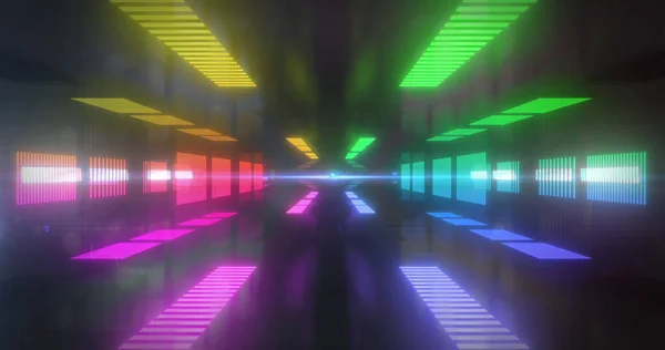 Dijital Arayüz Kodu Görüntüsü Arka Planda Hareket Eden Neon Tünelle — Stok fotoğraf