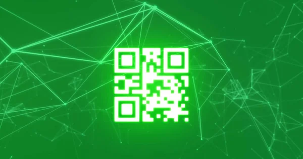 Image of qr code with white network of connections on green background. digital interface global connection and communication concept digitally generated image.