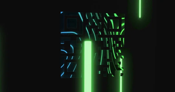 緑と青のQrコードが黒の背景でスキャンされている様子 情報インタフェースデジタルコンピュータ技術の概念デジタル生成された画像 — ストック写真
