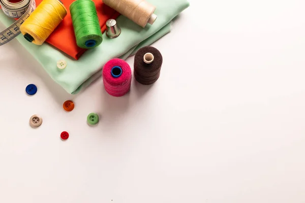 stock image Composition of sewing equipment on white background. National craft month, sewing, clothes and copy space.