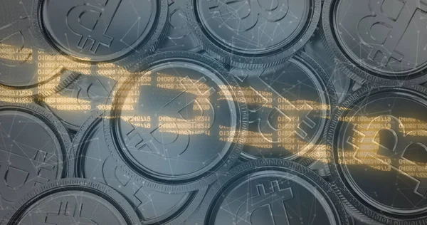 Imagem Cadeia Segurança Ouro Digital Sobre Pilha Bitcoins Fundo Criptomoeda — Fotografia de Stock
