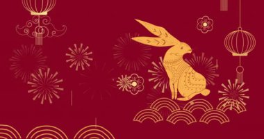 Kırmızı arka planda tavşan olan geleneksel Çin dekorasyonlarının animasyonu. Çin yeni yılı, şenlik, kutlama ve geleneksel konsept dijital olarak oluşturulmuş video.