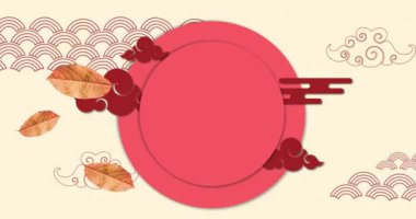 Çin geleneksel dekorasyonlarının animasyonu ve krema arka planında daireler çizmek. Çin yeni yılı, şenlik, kutlama ve geleneksel konsept dijital olarak oluşturulmuş video.