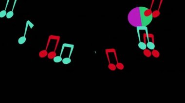 Kulaklıklar üzerinde notların animasyonu ve siyah arka planda bir disk. Müzik, ses ve dijital arayüz kavramı dijital olarak oluşturuldu.