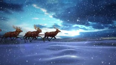 Noel Baba 'nın üzerine yağan kar animasyonu ren geyiğiyle kızakta. Noel, şenlik, kutlama ve gelenek konsepti dijital olarak oluşturuldu.