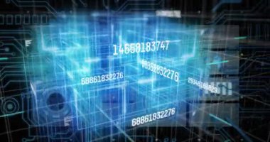 Siyah arkaplanda veri işleme animasyonu. Küresel teknoloji, bilgisayar ve dijital arayüz kavramı dijital olarak oluşturulmuş video.