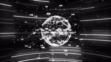 Veri işleme animasyonunun kara zemin üzerindeki bağlantıların küresi ve ışık yolları ile canlandırılması. Küresel teknoloji, bilgisayar ve dijital arayüz kavramı dijital olarak oluşturulmuş video.