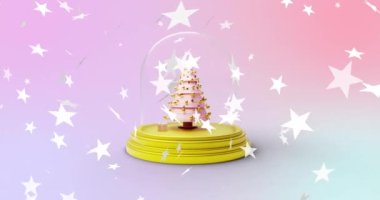 Yıldızların pembe arka planda Noel ağacı kar küresinin üzerine düşüşünün animasyonu. Noel, şenlik, kutlama ve gelenek konsepti dijital olarak oluşturuldu.