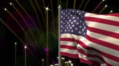 Amerika bayrağının siyah arka planda havai fişeklerle canlandırılması. Yeni yıl, gelenek ve kutlama konsepti dijital olarak oluşturuldu.