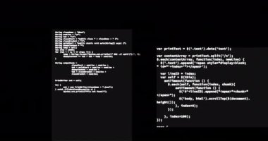 Siyah arkaplanda veri işleme animasyonu. Küresel teknoloji, bilgisayar ve dijital arayüz kavramı dijital olarak oluşturulmuş video.